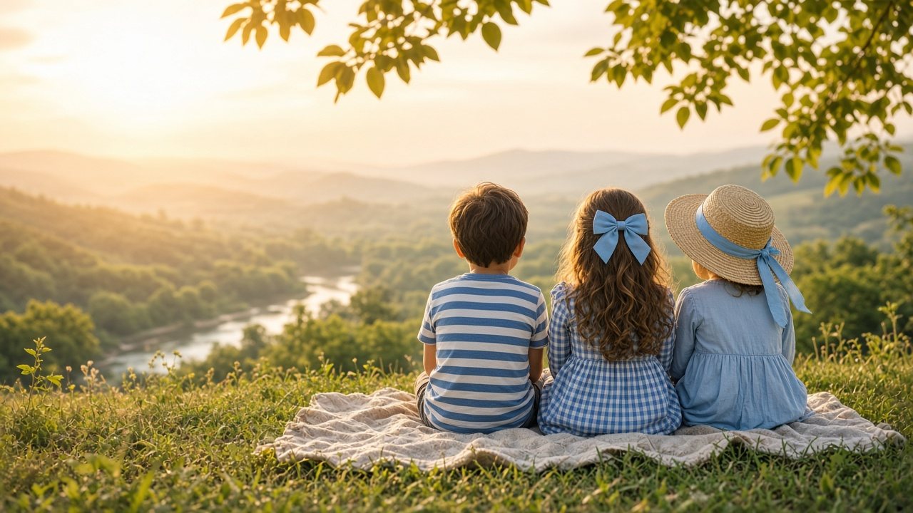 Three children seen from behind, sitting on a blanket on a grassy overlook above a green valley at golden hour