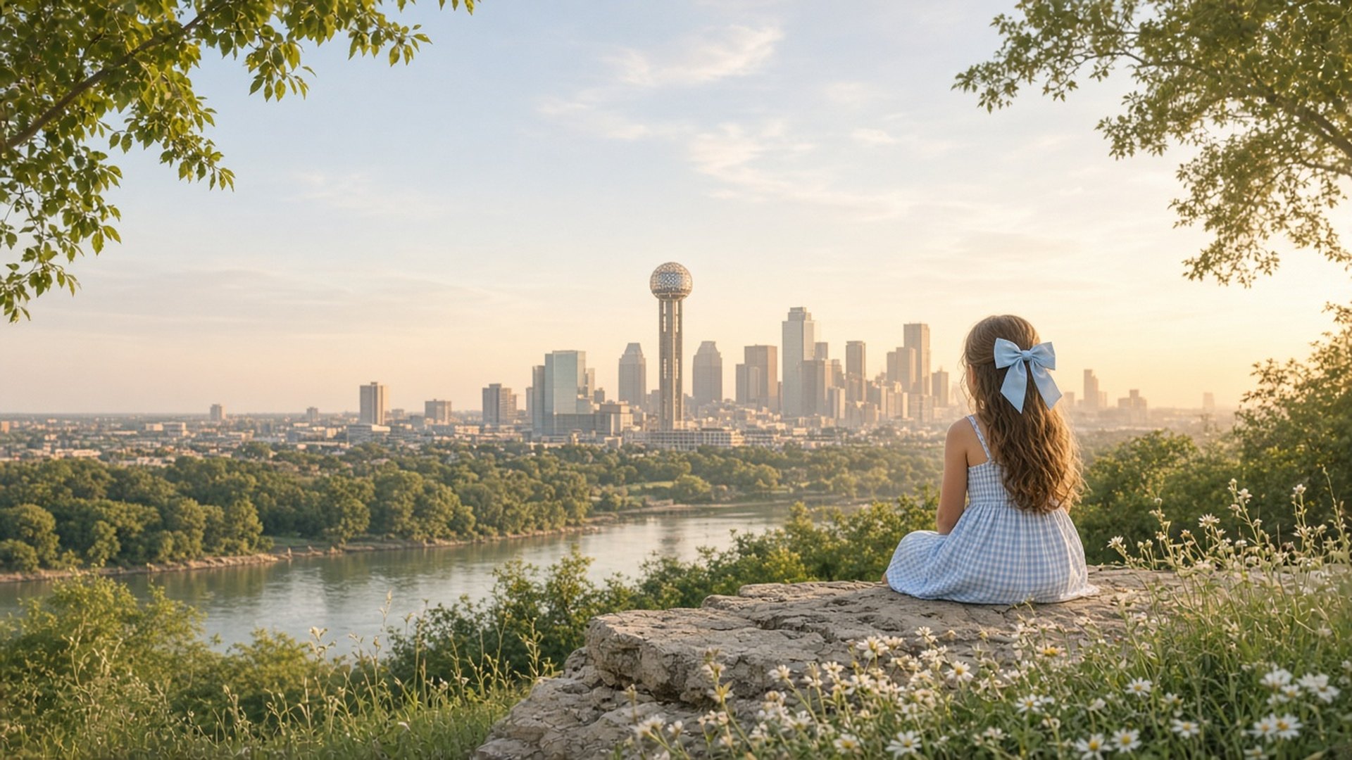 A little girl in a blue gingham dress and hair bow looks out at the Dallas skyline and Reunion Tower at golden hour
