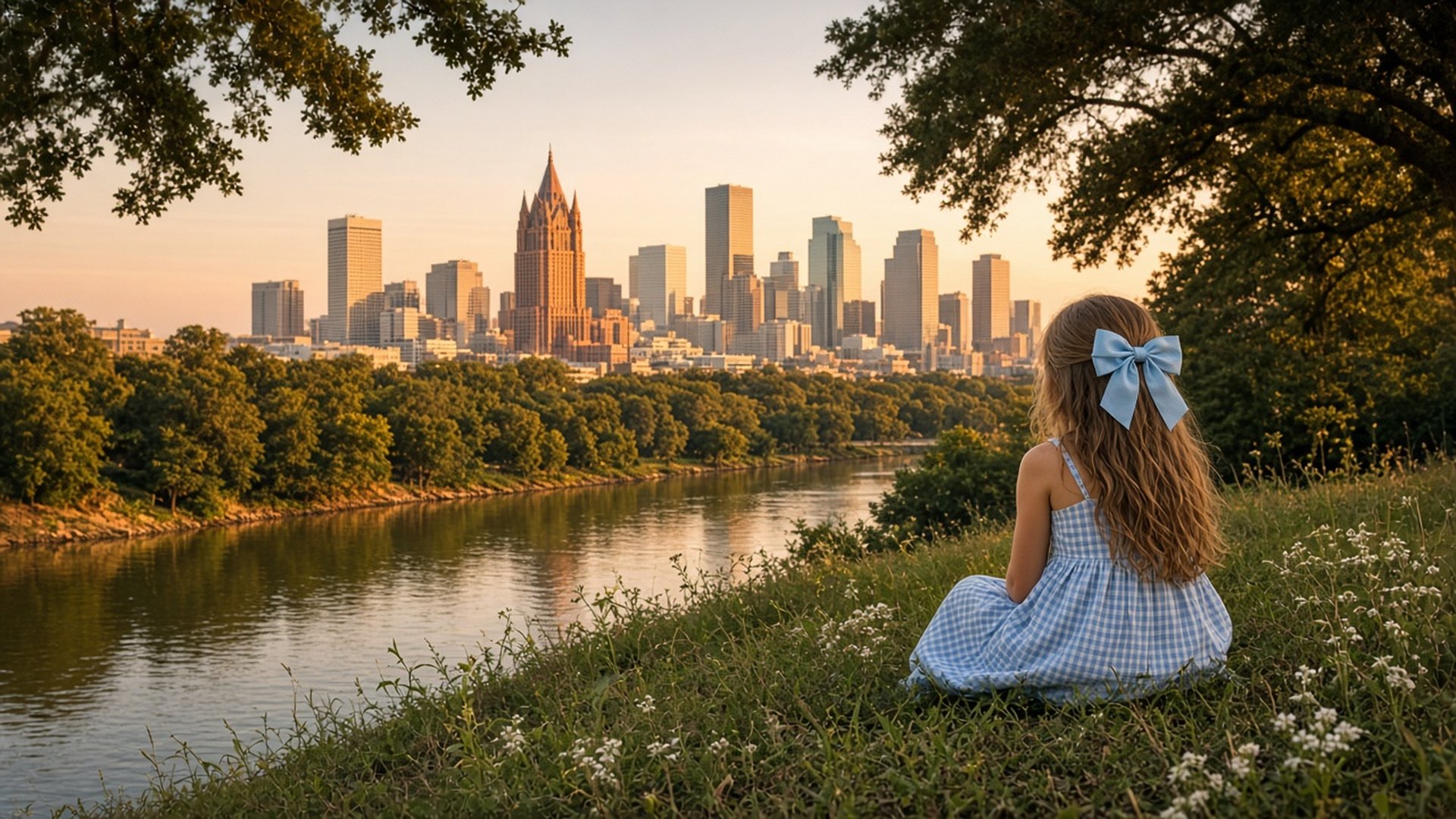 A little girl in a blue gingham dress and hair bow sits beside Buffalo Bayou looking at the Houston skyline at golden hour